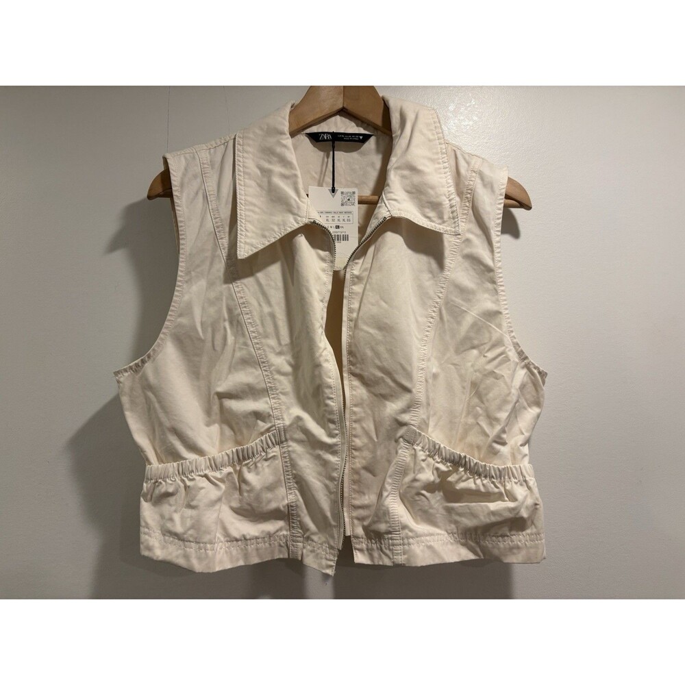 Zara Vest Size XL Zip Front Gorpcore Lightweight Beige Neutral Utility Pockets